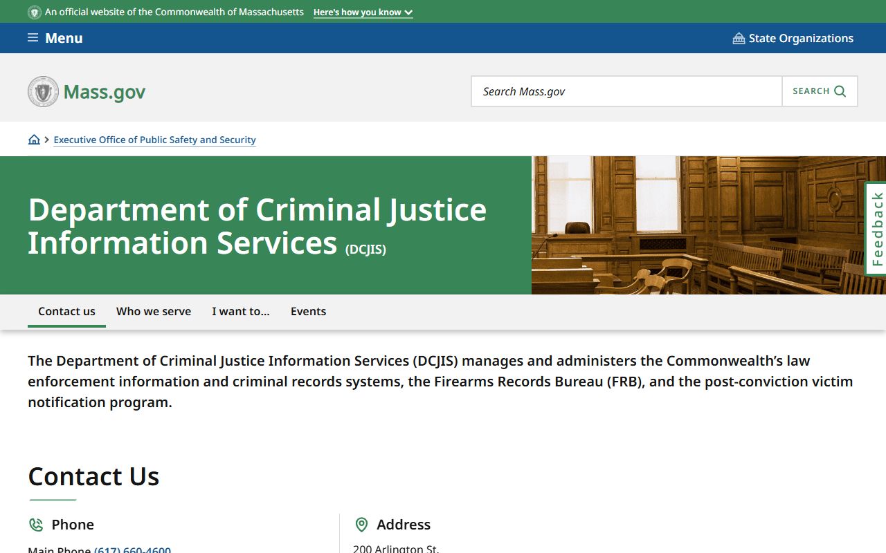 Massachusetts DCJIS criminal offender record information page