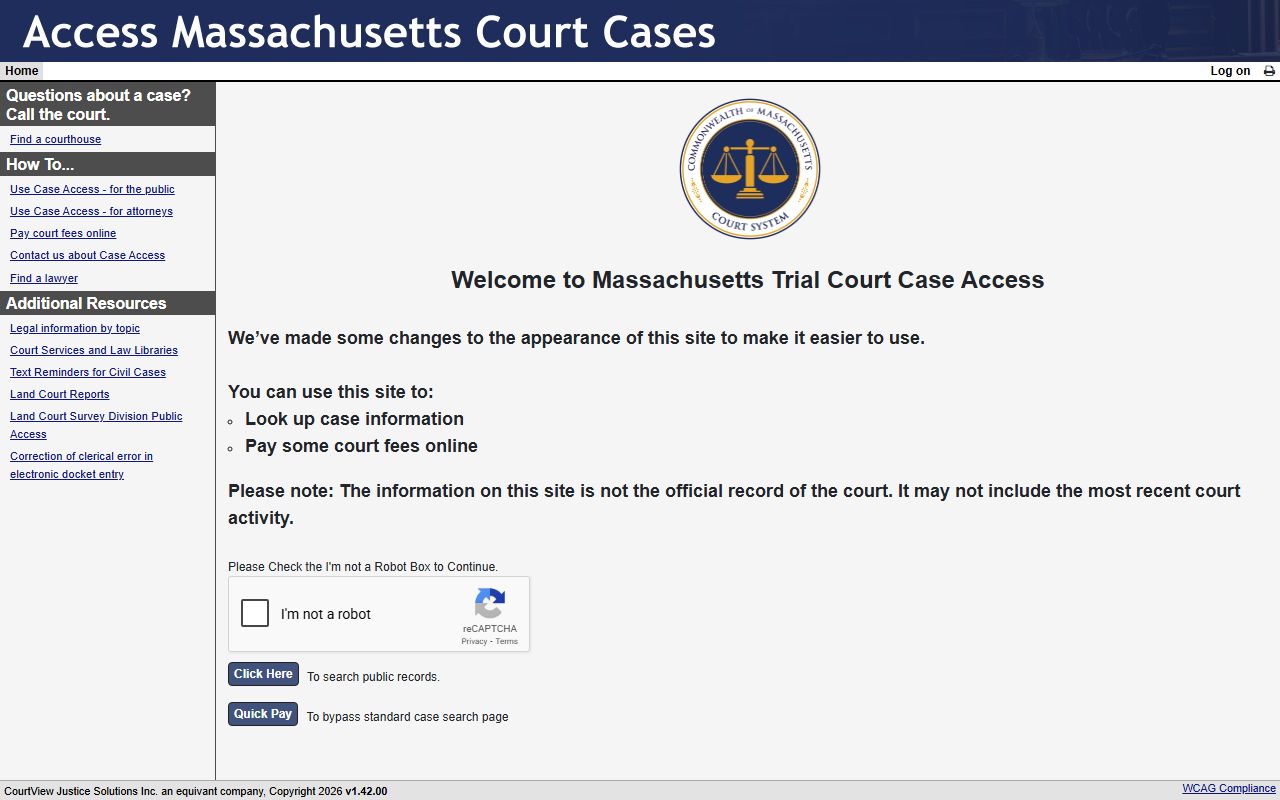 MassCourts online case access portal for Massachusetts public records