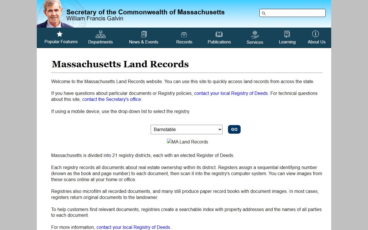 MassLandRecords statewide property records portal for Massachusetts