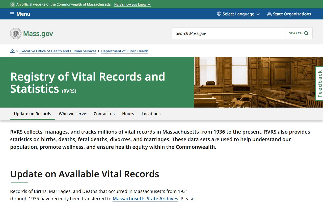 Massachusetts Registry of Vital Records and Statistics page