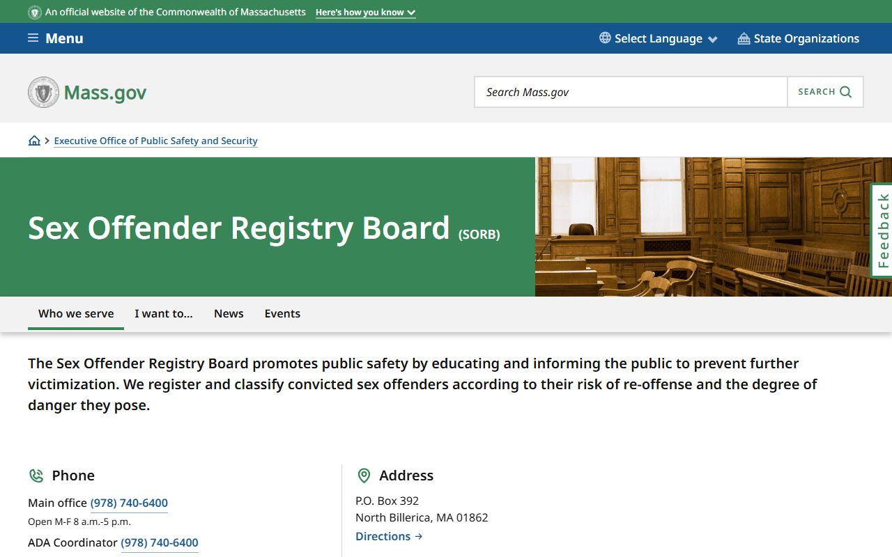 Massachusetts Sex Offender Registry Board public search page